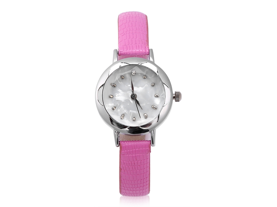 Relógio de Pulso Feminino Quartzo Analógico com Caixa Floral e Pulseira Pu Rosa