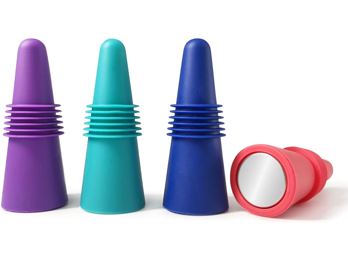 4 Conservantes Vinho Silicone Colorido + Aço Inox, Reutilizáveis, Tampas ZYBLSSBB