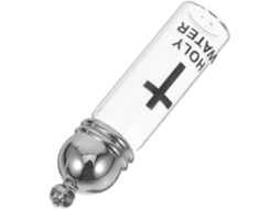 Garrafa de água benta católica com cruz, garrafa de vidro e acrílico que abre para batismo e uso religioso.
