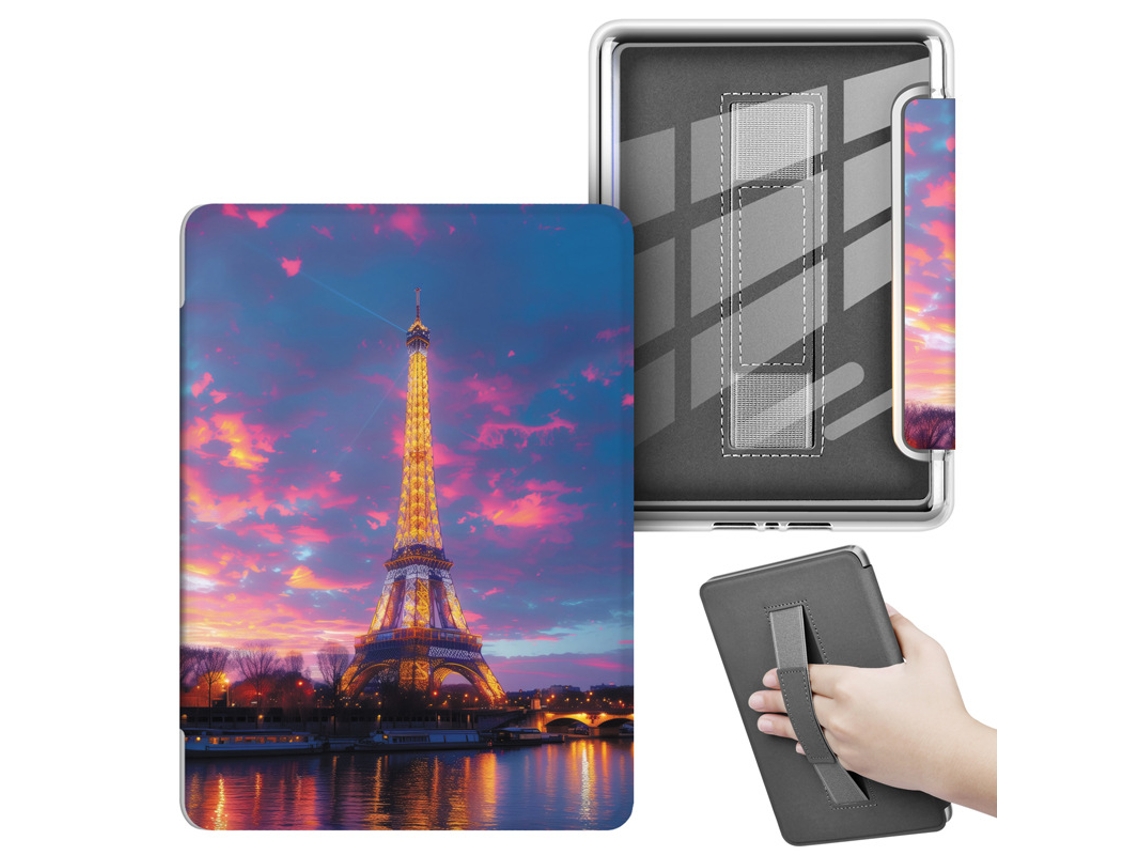 Capa PANOONA para Kindle 7" 12ª Geração com pulseira de pulso segura torre Eiffel