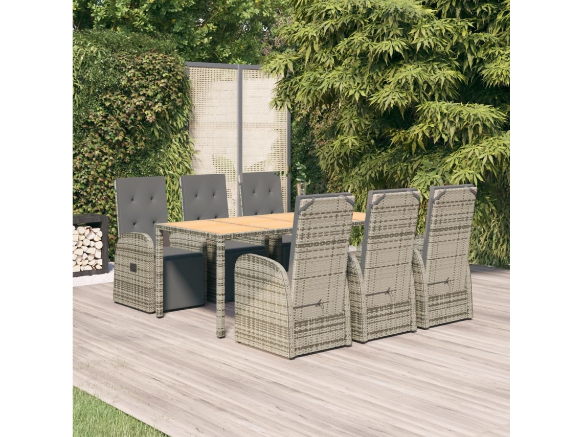 Vidaxl 7 Pcs Conjunto De Jantar P/ Jardim C/ Almofadões Vime Pe Cinza