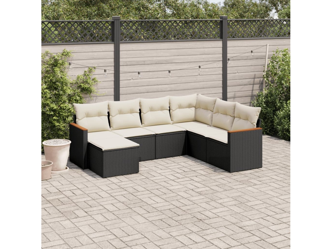 Jogo de Sofá 7 Peças P/ Jardim C/ Almofadões Vime Pe Preto Dkd Home Decor