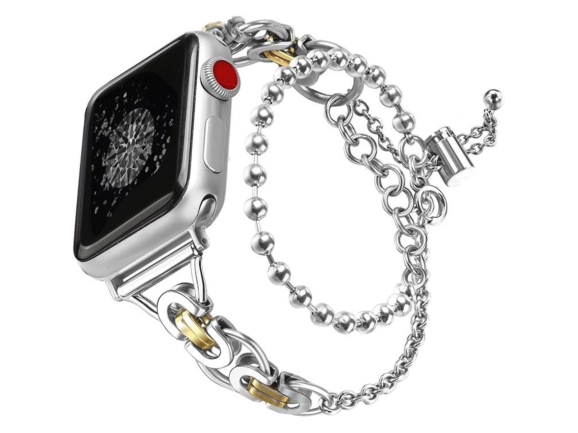 Bracelete para Apple Watch 44/45/46/49mm liga de zinco com corrente de contas de círculo duplo dourado XIAOMOYU