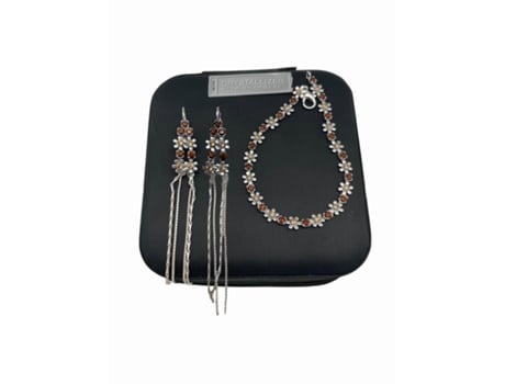 Porta-joias de viagem e conjunto de brincos longos e pulseira Swarovski com detalhes de flores. Prata esterlina 7-10 mícrons na cor topázio