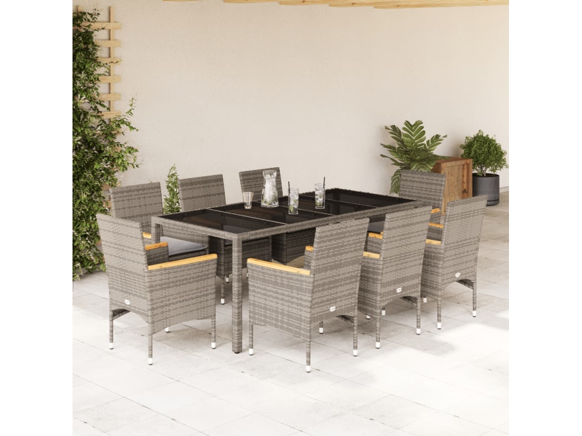 9 Pcs Conjunto Jantar Jardim C/ Almofadões Vime Pe/vidro Cinza Dkd Home Decor