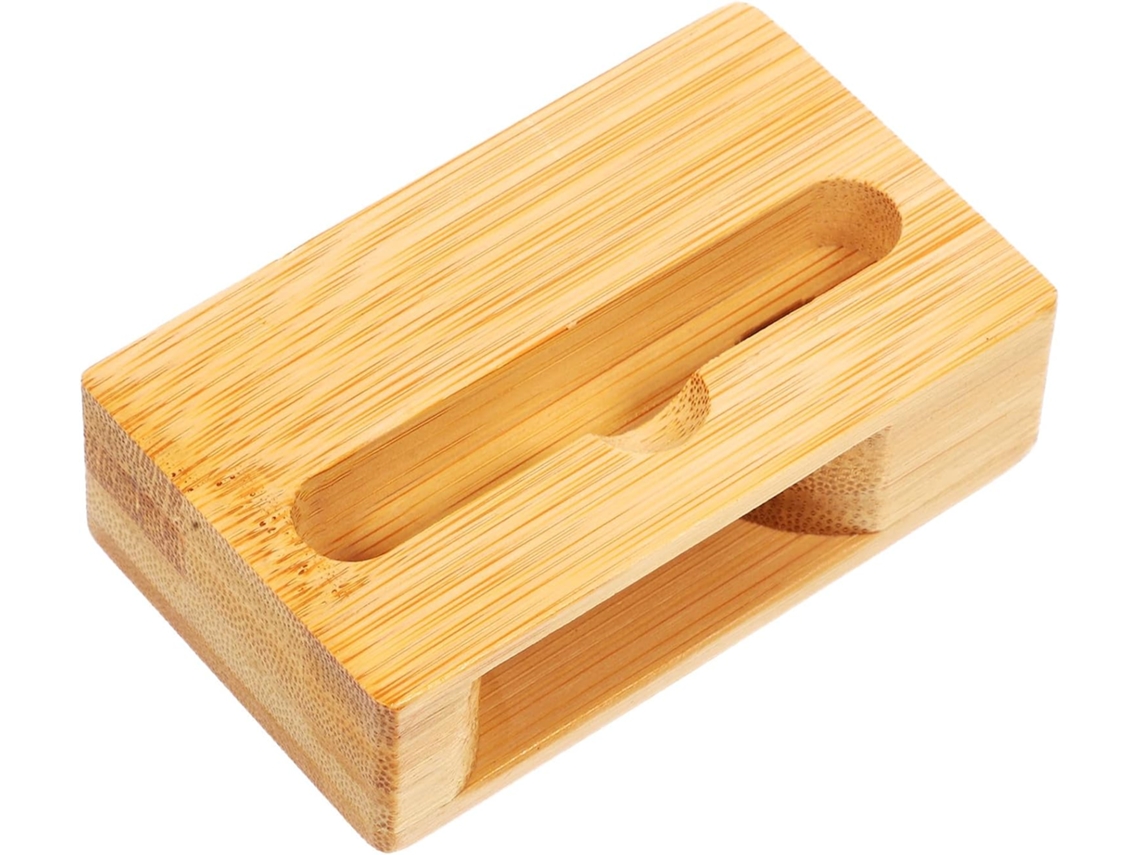 Suporte de celular retrô de bambu com amplificador de som.