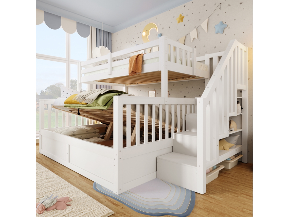 Cama De Berço 90x200+140x200cm Hidráulica Prateleira Armazenamento Branco Sem Colchão