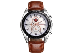 Relógio de pulso masculino analógico de quartzo com pulseira de PU macia (marrom e branco)
