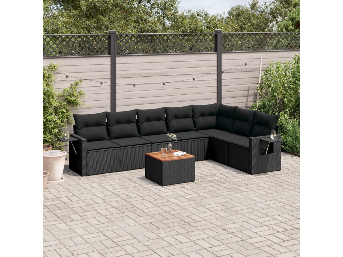 Vidaxl 8 Pcs Conjunto Sofás De Jardim Com Almofadões Vime Pe Preto