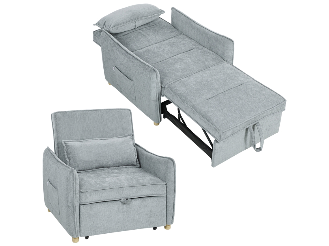 Cama de poltrona 3 em 1, com encosto reclinável e almofada, estofamento de chenilha, 88x84x87cm, cinza