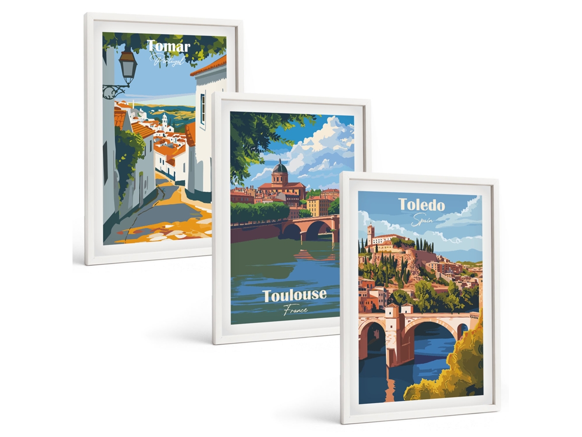 Pinturas Murais Modernas Gráficos De Cidades Retrô Moldura Branca Quadros Para A Sala De Estar Espelharte (3 Piezas De 40x60 Cm)