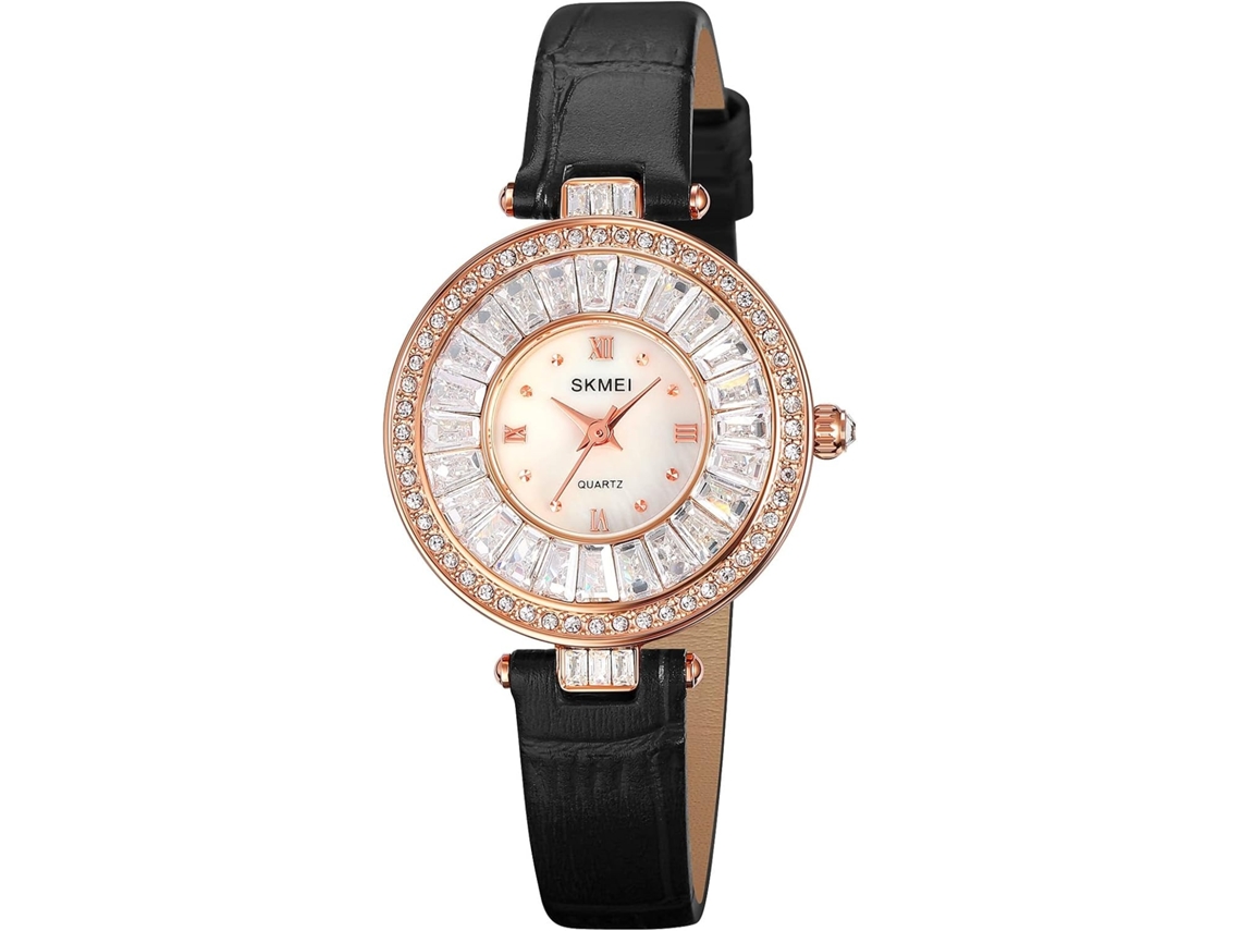 Lurelia Relógio Feminino, Movimento De Quartzo, Detalhes Com Strass, Couro, Vidro Mineral, Preto, Dourado