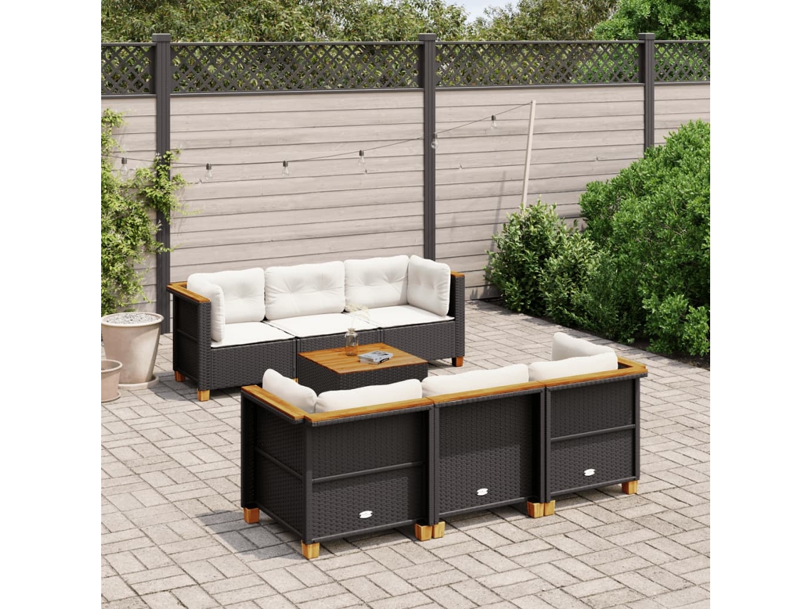Vidaxl 7 Pcs Conjunto De Sofás P/ Jardim C/ Almofadões Vime Pe Preto