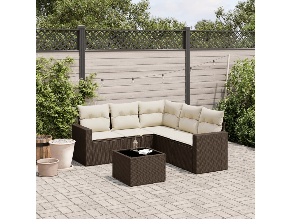 Vidaxl 6 Pcs Conjunto De Sofás Jardim C/ Almofadões Vime Pe Castanho