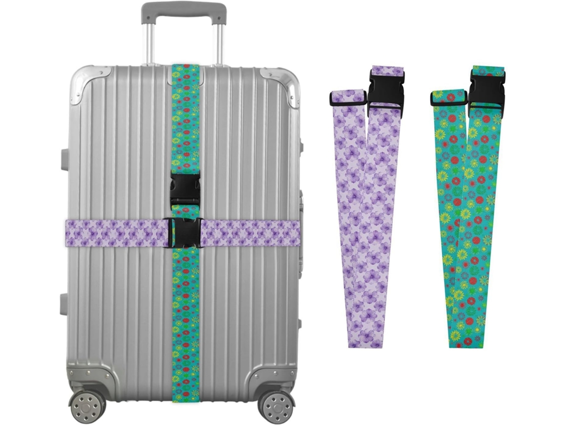 Conjunto De 2 Cintas Bagagem Roxas Com Estampa Floral Colorida Fogos Artifício, Resistentes E Ajustáveis Para Mala Bolsa