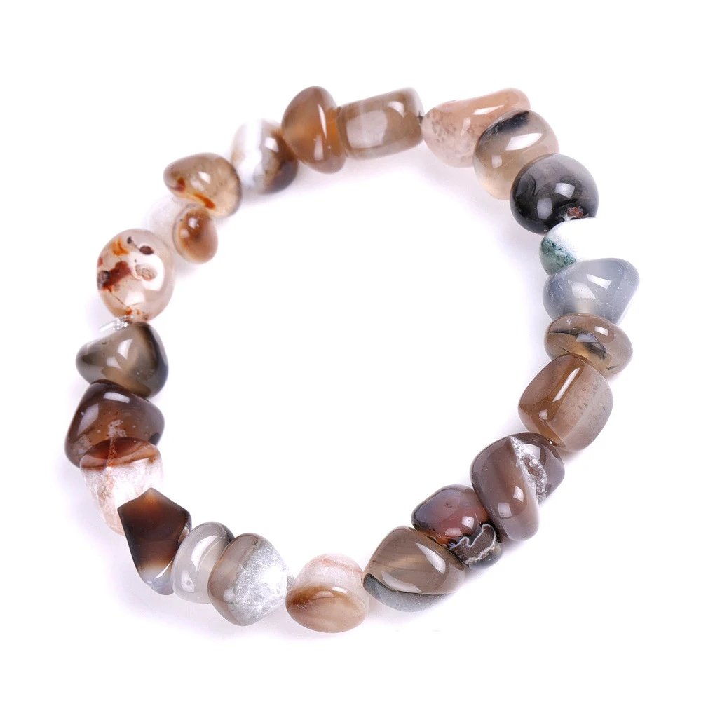 Pulseira Artesanal Elástica de Ágata Preta com Detalhe em Pedra Natural Irregular. MDUG (cor Café)