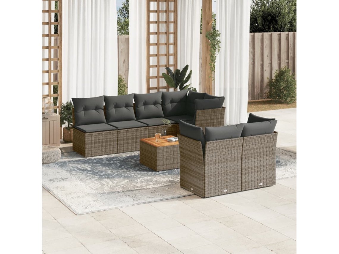 Vidaxl 8 Pcs Conjunto Sofás De Jardim C/ Almofadões Vime Pe Cinzento