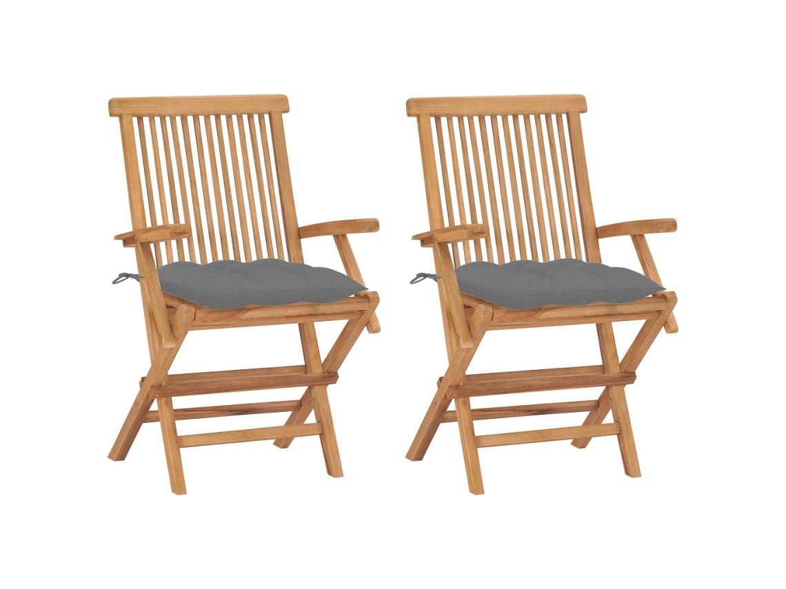 Vidaxl Cadeiras De Jardim C/ Almofadões Cinzentos 2 Pcs Teca Maciça