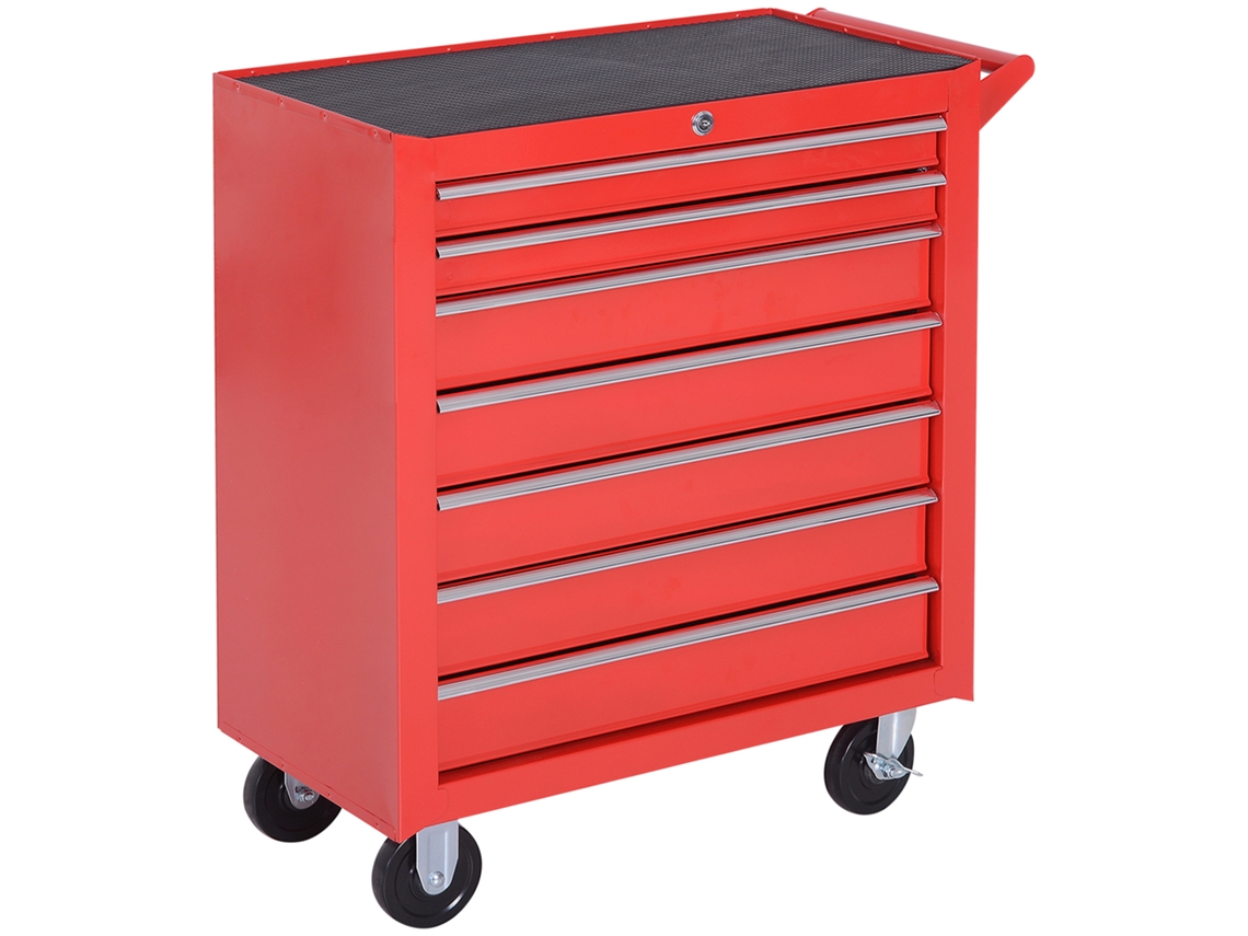 Carrinho de Ferramentas com 7 Gavetas e Rodas Oficina Caixa de Fechadura Móvel Móvel 69x33x75cm Vermelho op