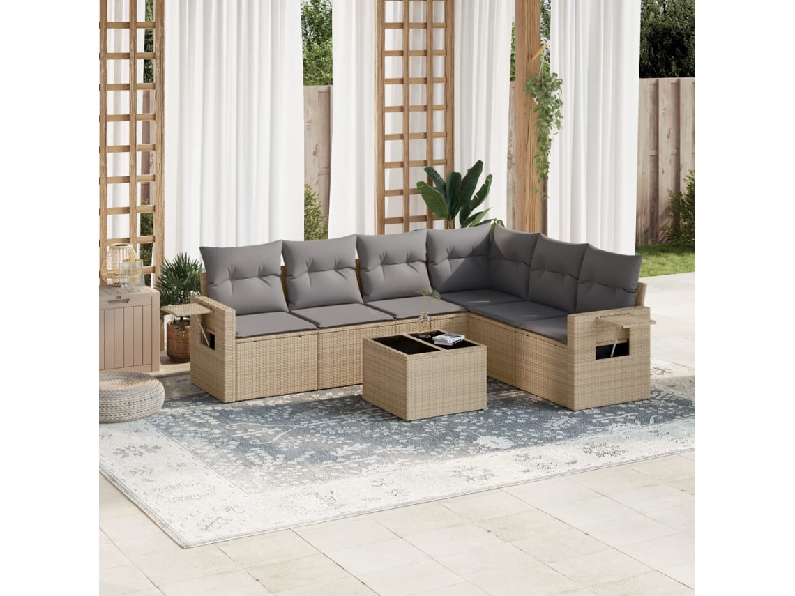 Vidaxl 7 Pcs Conjunto De Sofás P/ Jardim Com Almofadões Vime Pe Bege