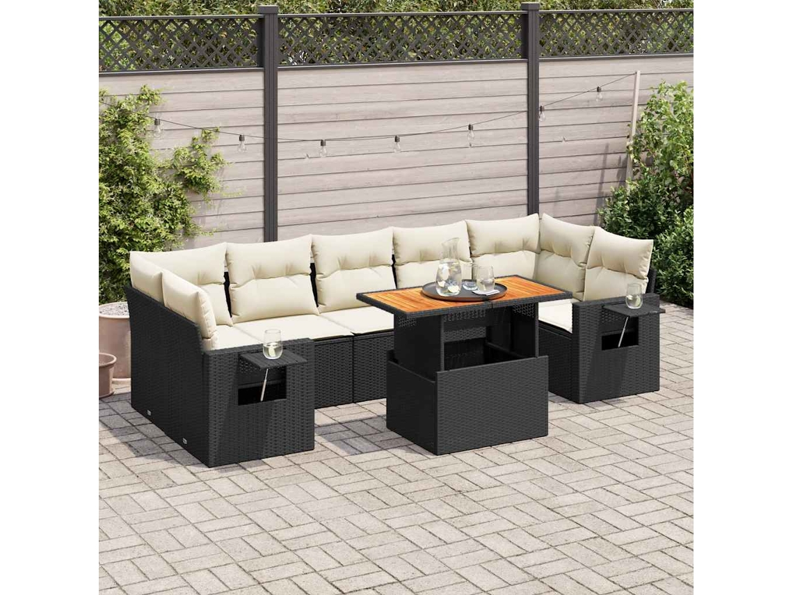 Vidaxl 8 Pcs Conjunto Sofás De Jardim Com Almofadões Vime Pe Preto