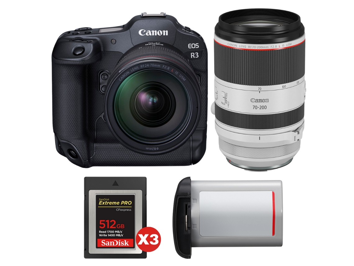 Eos R3 + Rf 24 70mm F/2.8 L Is Usm + Rf 70 200mm F/2.8 L Is Usm + 3 Sandisk 512gb Extreme Pro Cfexpress Type B + Canon Lp + Ebook Pricedirect CANON