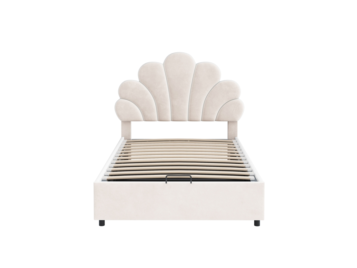 Cama Estofada Em Veludo Com Arrumação - 90x200cm - Cabeceira Em Forma De Flor - Com Estrado De Ripas - Bege