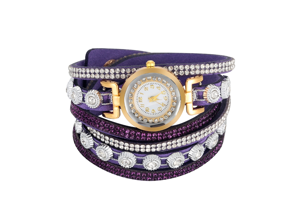 Relógio Pulseira Feminino de Quartzo com Strass e Mostrador Redondo Pequeno em Pu Roxo