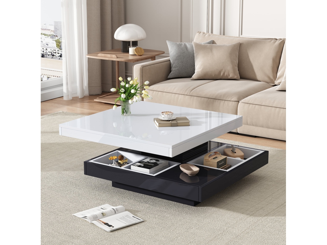 Mesa centro giratória 70x70x36cm, alto brilho, preta/branca, S/MARCA