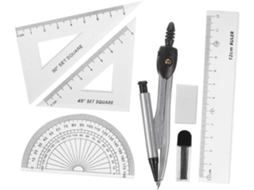 Conjunto de compasso e régua de metal para desenho geométrico com transferência por imersão, design ergonômico para estudantes.