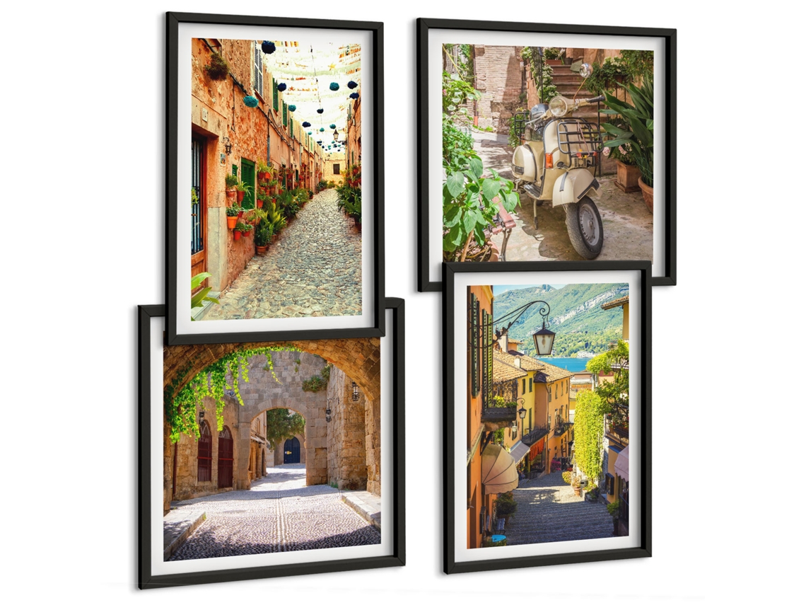 Composição De Quadros Na Parede Flores, Tons De Rosa, Paisagem Moldura Preta Imagens Para Um Quarto Infantil Espelharte (conjunto De 4 Imagens)