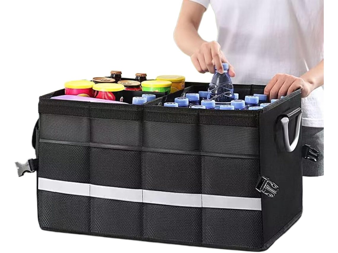 Organizador de bolsas para carro com vários compartimentos para armazenamento de carga.