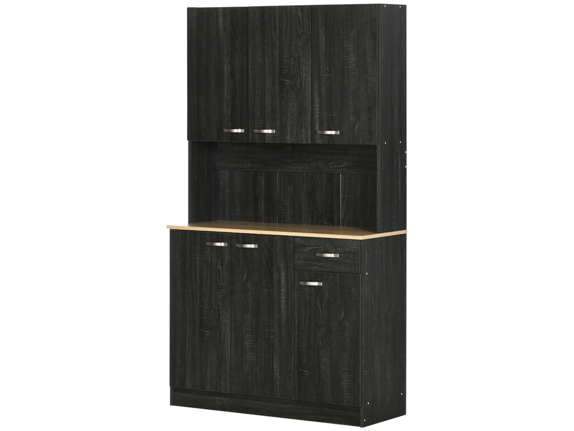 Armário De Cozinha Aparador De Sala De Jantar Com 1 Gaveta 6 Portas E Prateleiras Ajustáveis Estilo Moderno 101x39x180 Cm Preto E Madeira