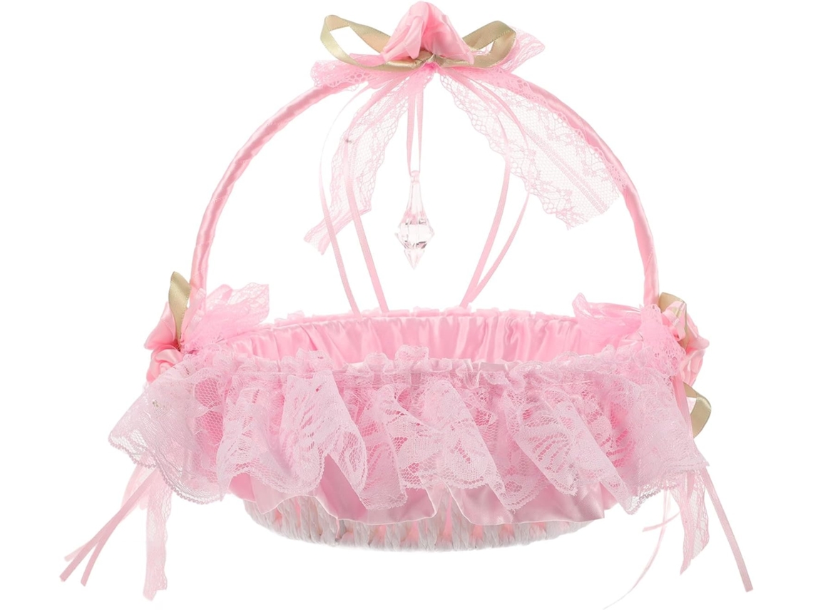Cestinho De Bambu Pequeno Com Alça, Renda Rosa Para Casamento.