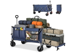 Carrinho De Transporte Dobrável Extra Grande 420l Azul, 180cm Com Porta Traseira Extensível, Rodas Todo-o-terreno 17x10cm, Camping Jardim Praia