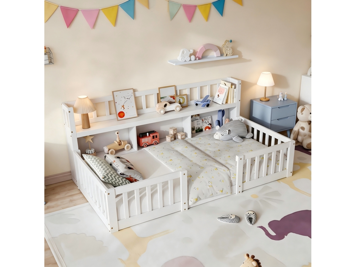 Cama Baixa Infantil Montessori 90x200cm - Prateleira,3 Espaços Armazém,grade Completa,suporte Lastras,branco,ROSAHQNDA