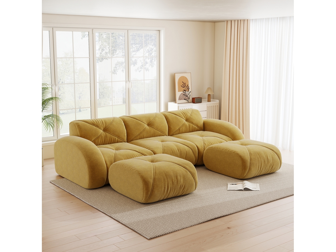 Sofá Modular 3 Lugares Em U Amarelo Com 2 Puffs E Assento Confortável