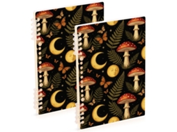 Conjunto de 2 Cadernos Espiral Vintage, Tamanho A5, com Estampa Cogumelo e Lua, 21,1 X 14,5 Cm, Capa Dura, 60