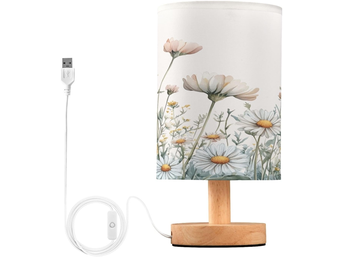 Abajur De Cabeceira Wildflowers Para Quarto, Com Portas De Carregamento Usb C, Luminária De Leitura Led, Base De Madeira