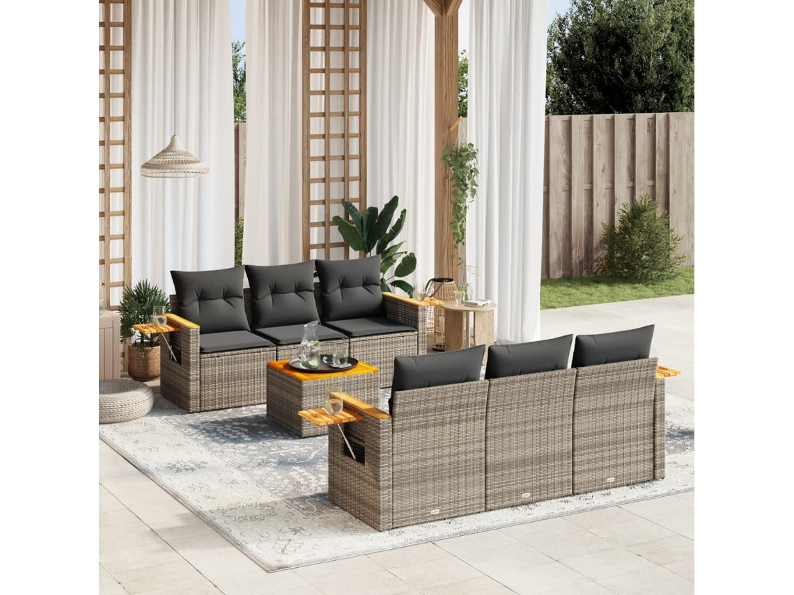 7 Pcs Conjunto Sofás P/ Jardim C/ Almofadões Vime Pe Cinza Dkd Home Decor
