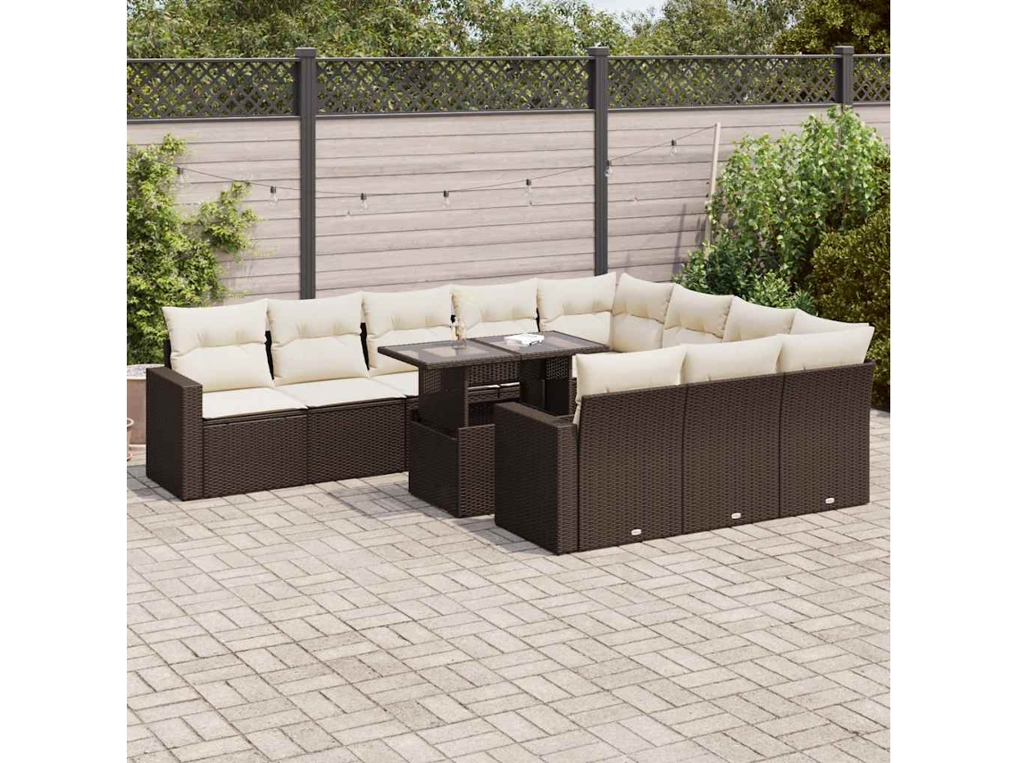 Vidaxl 11 Pcs Conjunto Sofás De Jardim C/ Almofadões Vime Pe Castanho