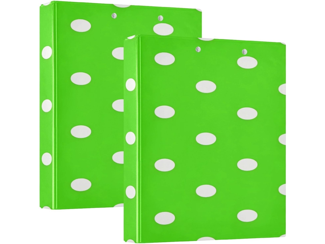 Pacote com 1 ou 2 unidades de massa Fichário com estampa de bolinhas verde fluorescente, 3 anéis com camada de saco.
