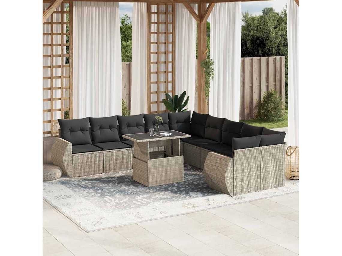 Vidaxl 11 Pcs Conjunto Sofás De Jardim C/ Almofadões Vime Pe Cinzento