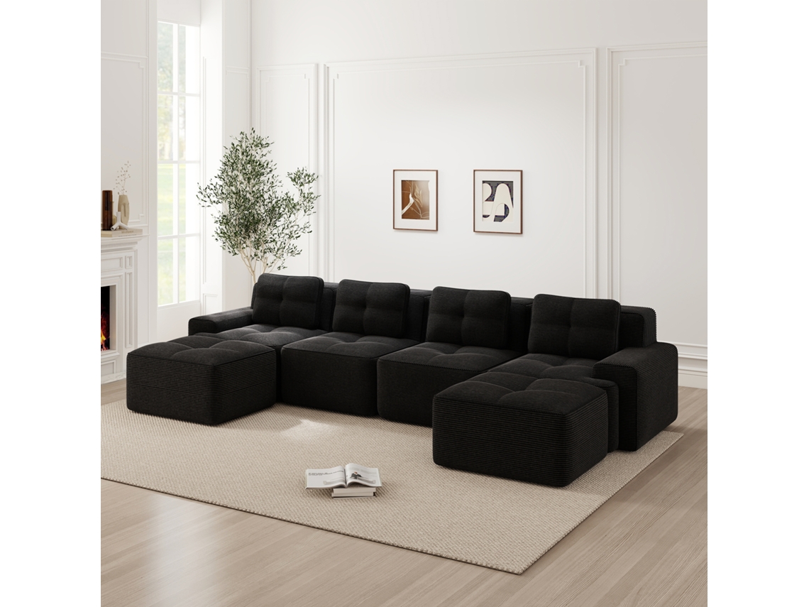 Sofás Sala Preto, Modular U Com Chaise, Cloud Veludo Cotelê, 4l, Antiderrapante.-kd