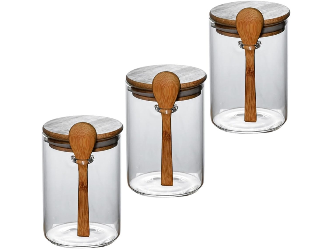 Conjunto De 3 Potes Vidro Anneome Com Tampa Madeira Para Nozes, Ideais Para Armazenamento Hermético De Grãos E Açúcar