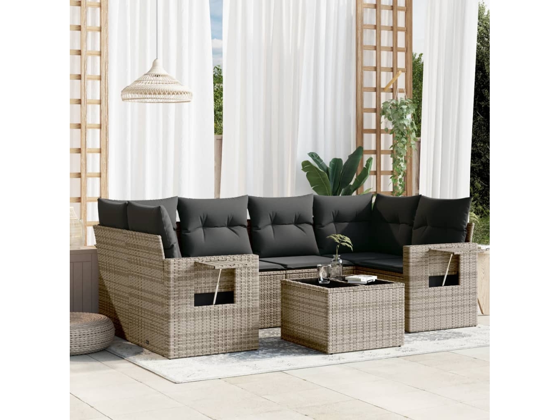 Vidaxl 7 Pcs Conjunto Sofás P/ Jardim C/ Almofadões Vime Pe Cinzento