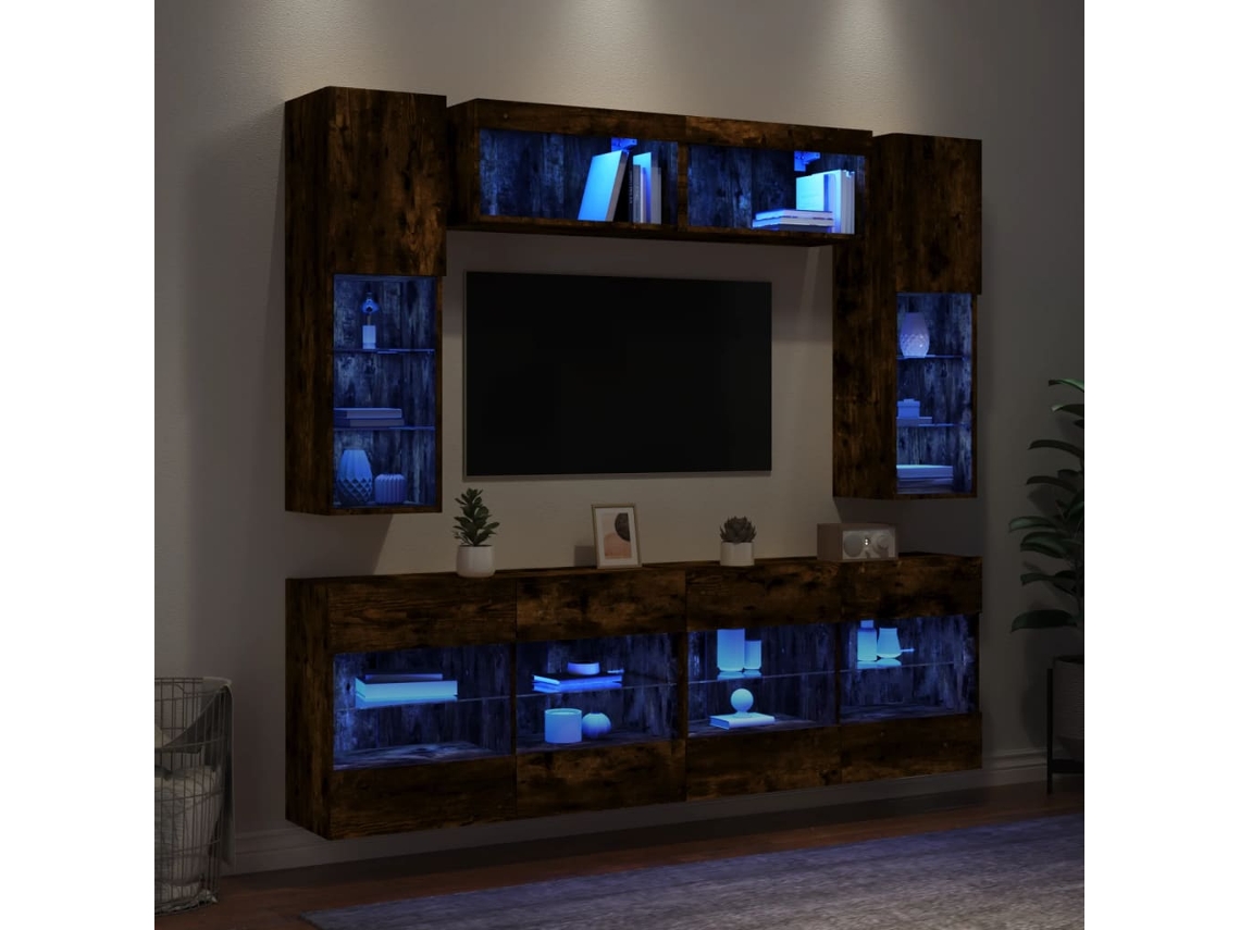 Vidaxl 6 Pcs Conj. Móveis De Parede P/ Tv C/ Luzes Led Carvalho Fumado
