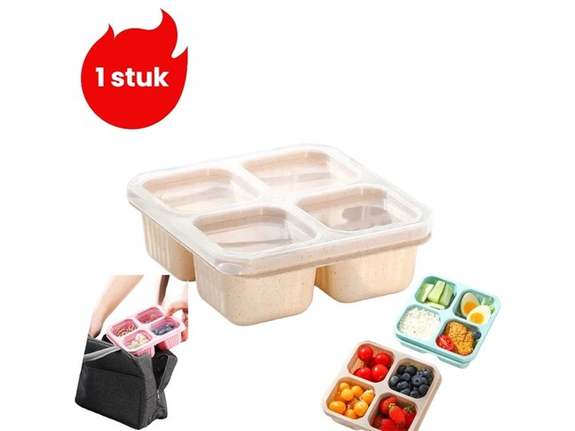1 Peça - Caixa De Almoço Com 4 Compartimentos Em Palha De Trigo, Caixa Para Snacks E Frutos Secos, Bege