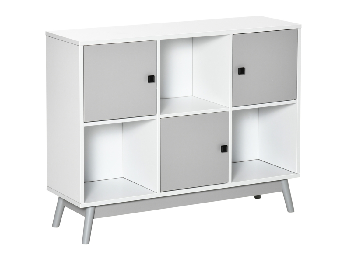Aparador Com 3 Portas E 3 Compartimentos Abertos, Pernas De Pinho, 96x30x75cm, Branco E Cinza