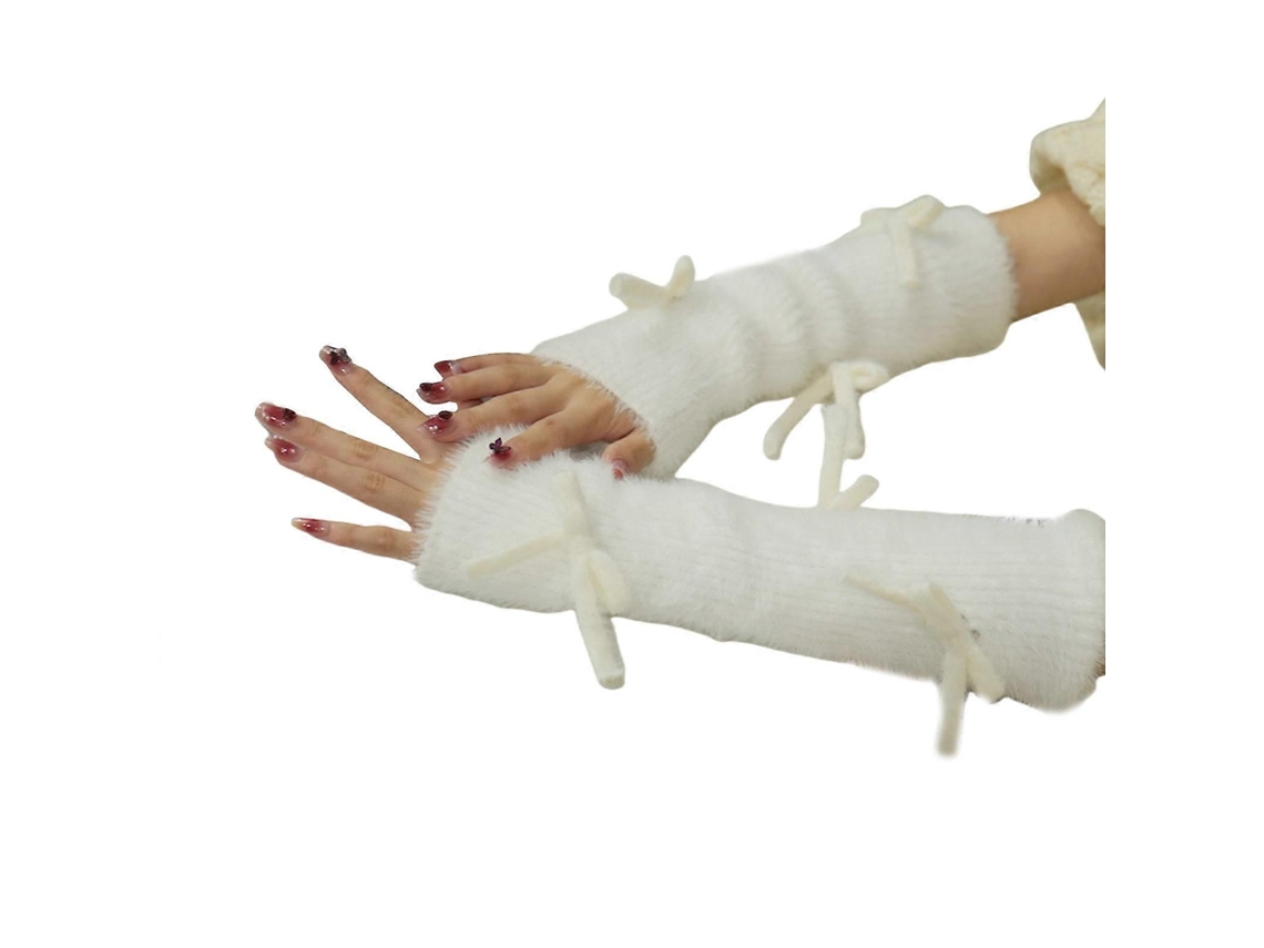 Luvas Punk Tricotadas Com Laço Peludo Para Festa De Halloween Luvas Sem Dedos Para Noiva Mangas De Braço Brancas Fantasia De Halloween Preta